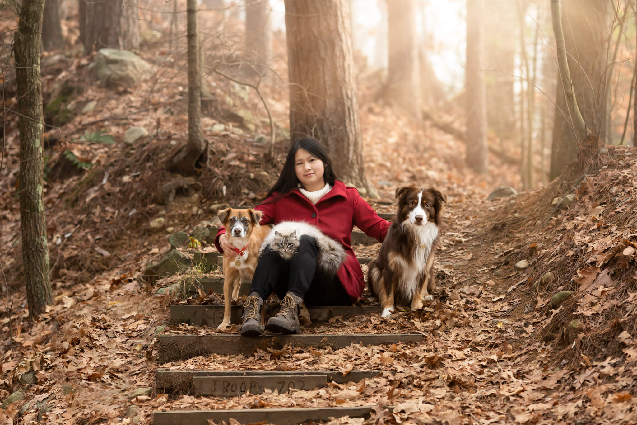 woman in red jacket sitting on stairs in the woods with her two dogs Bark N Roll Reading MA